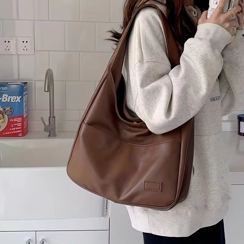 Women Hobo Bag Simple PU Leather Solid Shoulder Bag 2023 Fashion Large Capacity Handbag for School Work