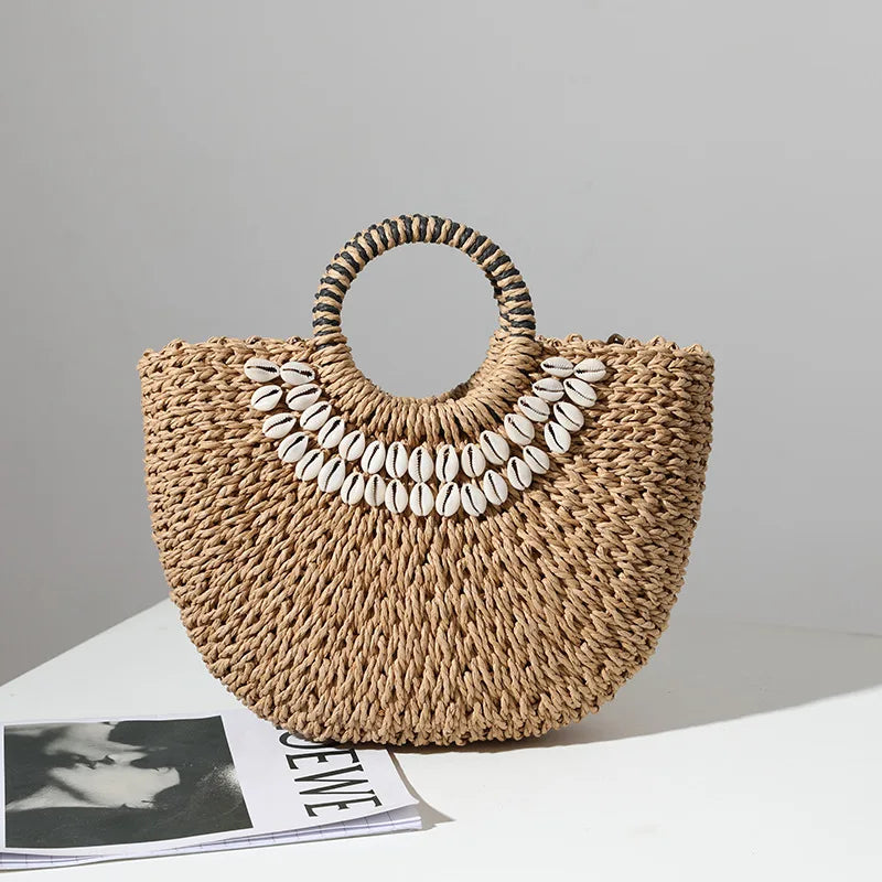 Woman Fashion New Creative Shell Moon Straw Bag Scarf Hair Ball Decoration Straw Bag Portable Woven Beach Handbag