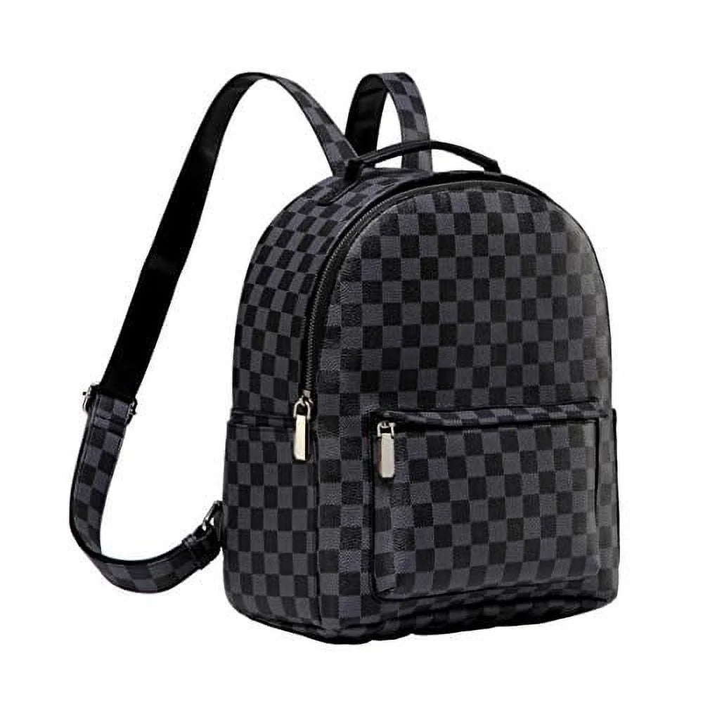 Checkered Backpack Bag - Luxury PU Vegan Leather (Black)