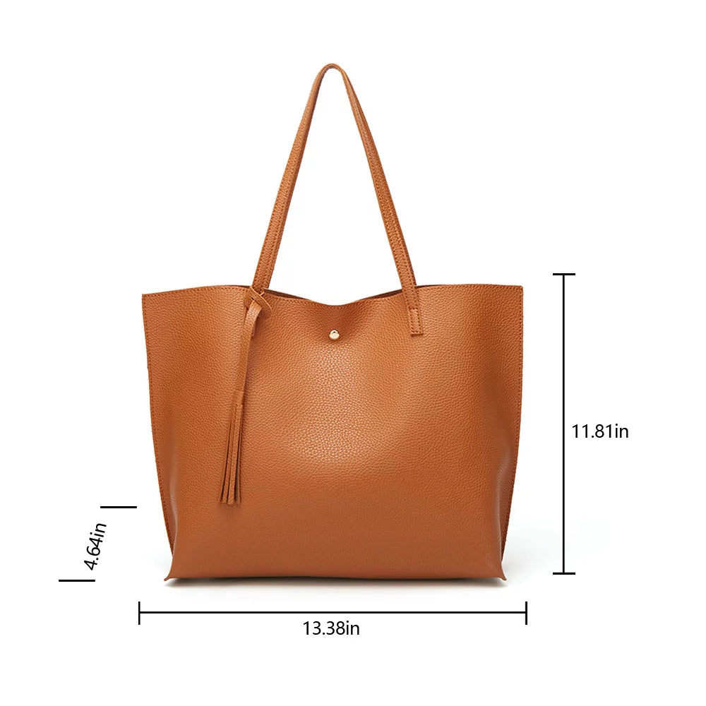 Tassel Tote Leather Bag for Women, Ladies Large Capacity Fashion Shoulder Handbag Bag Purses Satchel Messenger Bags for Woman Work Shopping - Brown