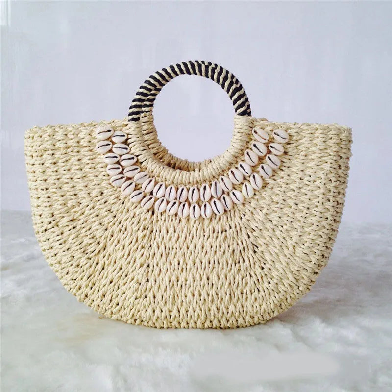 Woman Fashion New Creative Shell Moon Straw Bag Scarf Hair Ball Decoration Straw Bag Portable Woven Beach Handbag