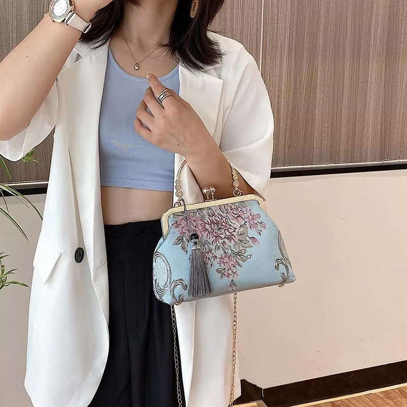 Chain Women Shoulder Crossbody Messenger Bag Women'S Handbags Autumn Vintage Fashion Flowers Bag Bags Kiss Lock Shell Bags Bag