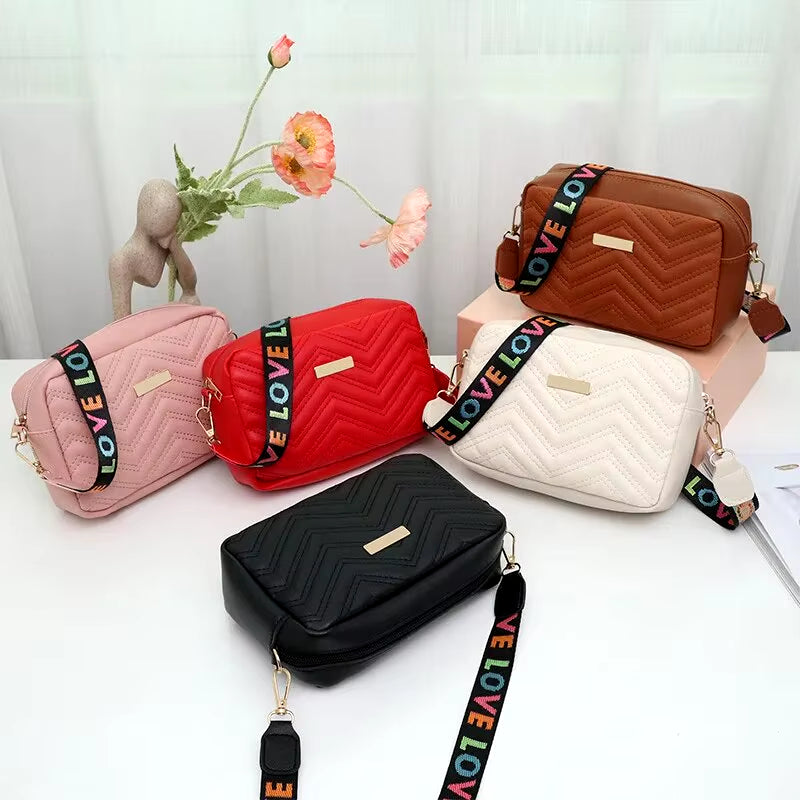 Embroidered Camera Bag PU Material Casual Small Square Bag Versatile Single Shoulder Bag Printed Shoulder Strap