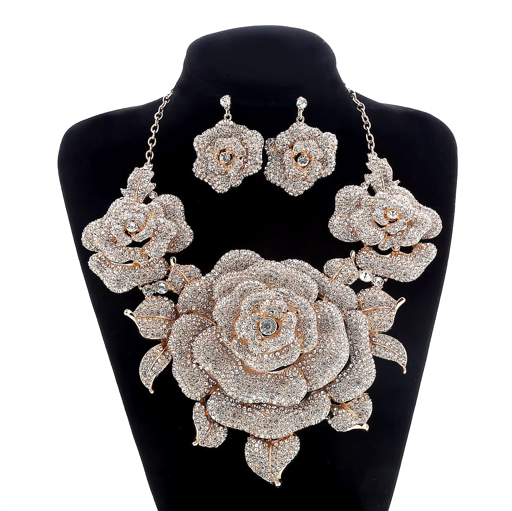 Bridal Jewelry Sets for Women Accessories Crystal Rhinestone Big Flower Gold Wedding Necklace and Earrings Set Party Jewellery