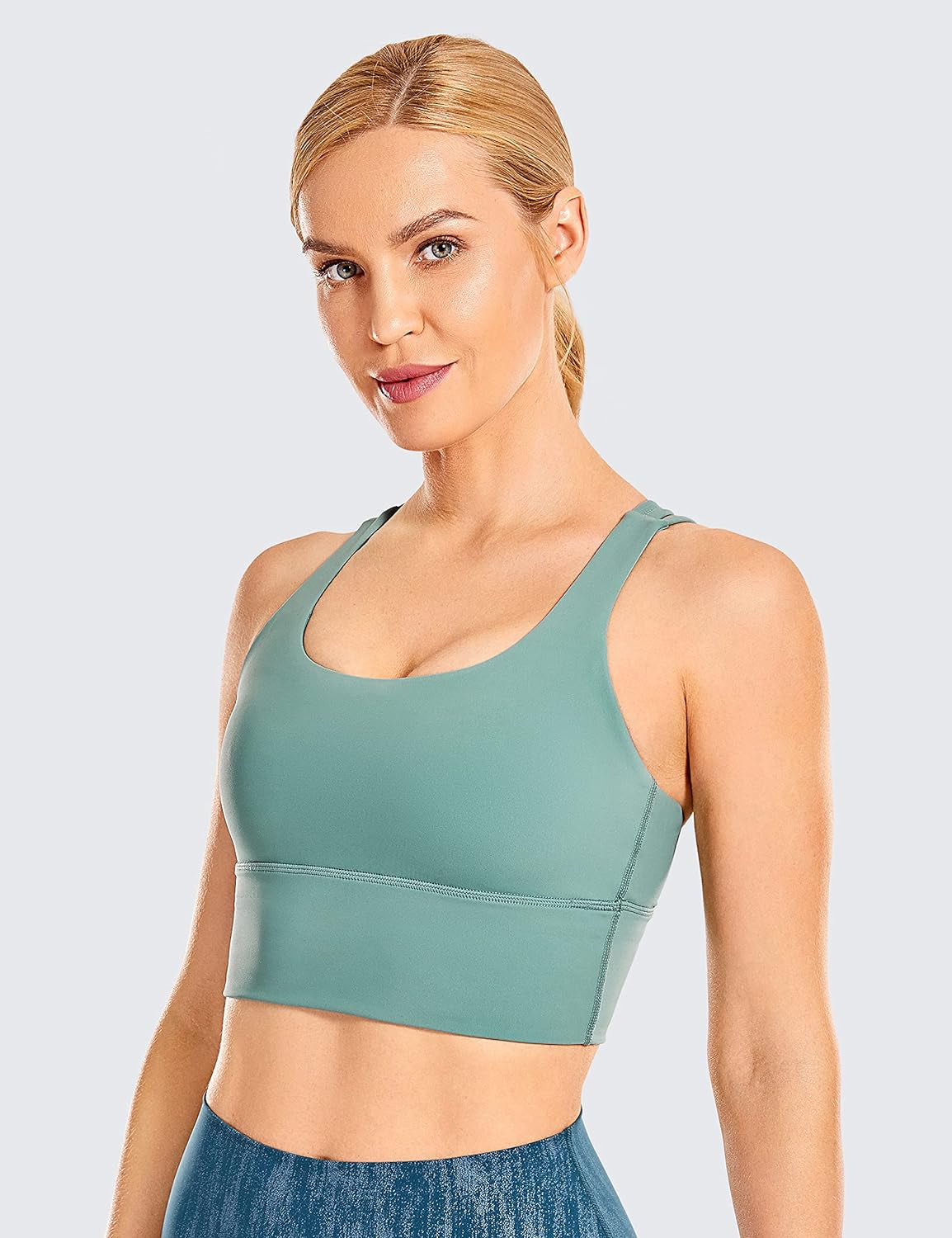 Women'S Strappy Longline Sports Bras - Wirefree Padded Medium Impact Workout Crop Tank Top Grey Feather Green Medium