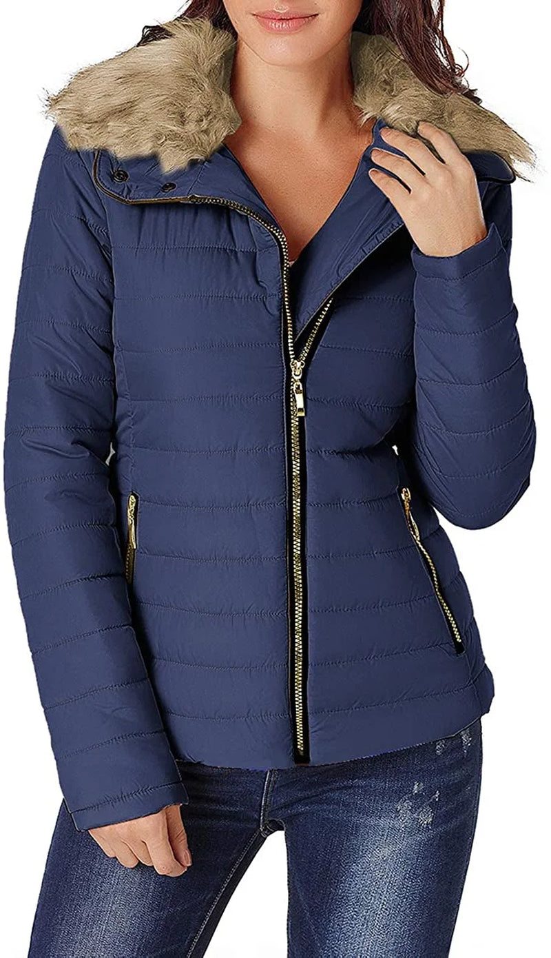 Women Parka Coat Pockets Quilted Puffer Jacket with Faux Fur Lapel, Size S-2XL