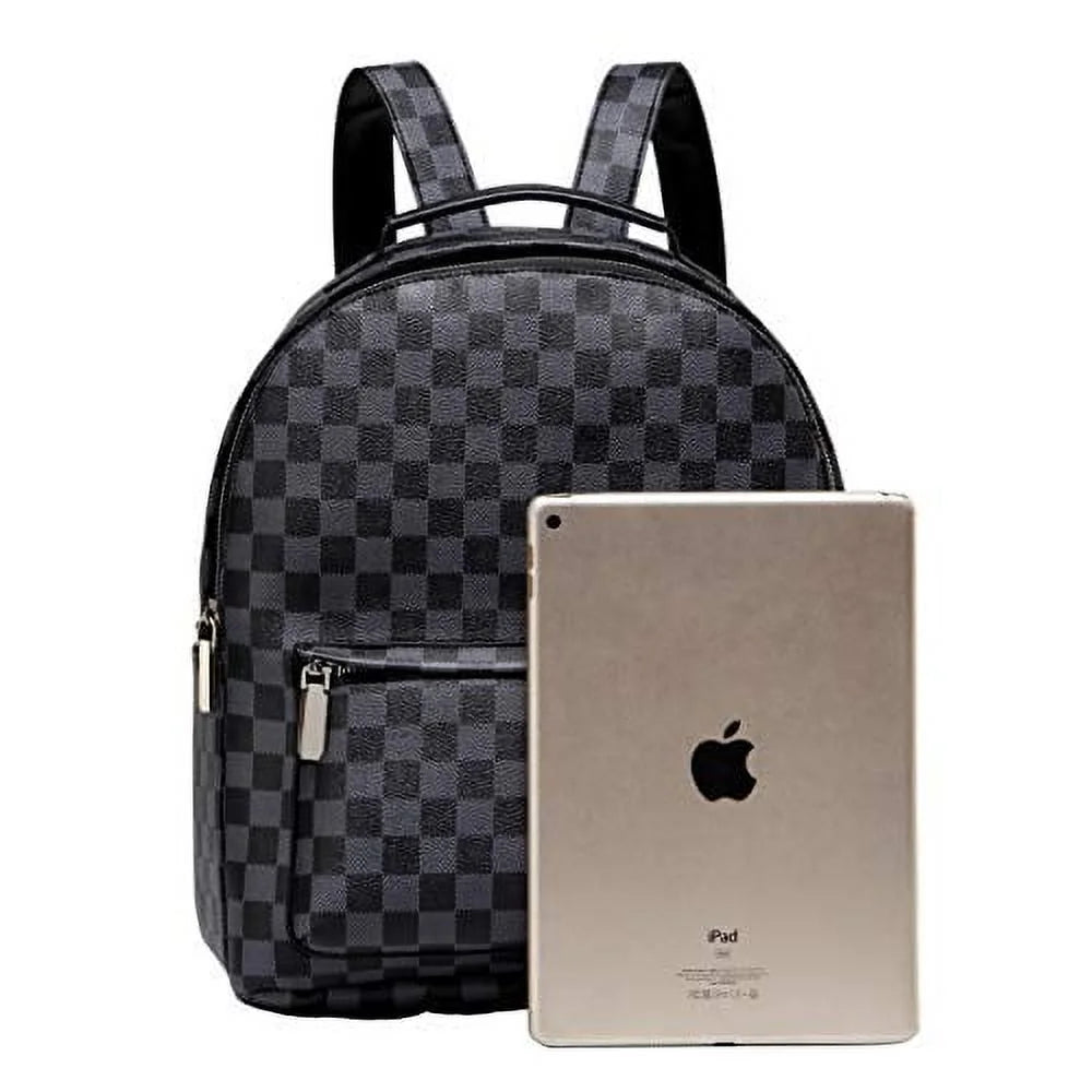 Checkered Backpack Bag - Luxury PU Vegan Leather (Black)