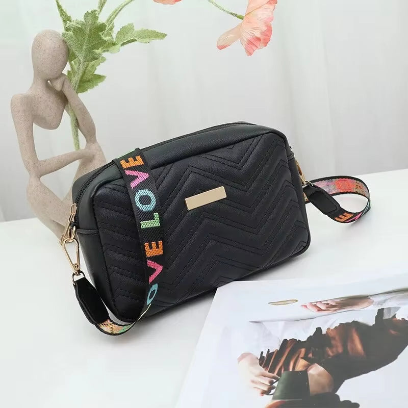 Embroidered Camera Bag PU Material Casual Small Square Bag Versatile Single Shoulder Bag Printed Shoulder Strap