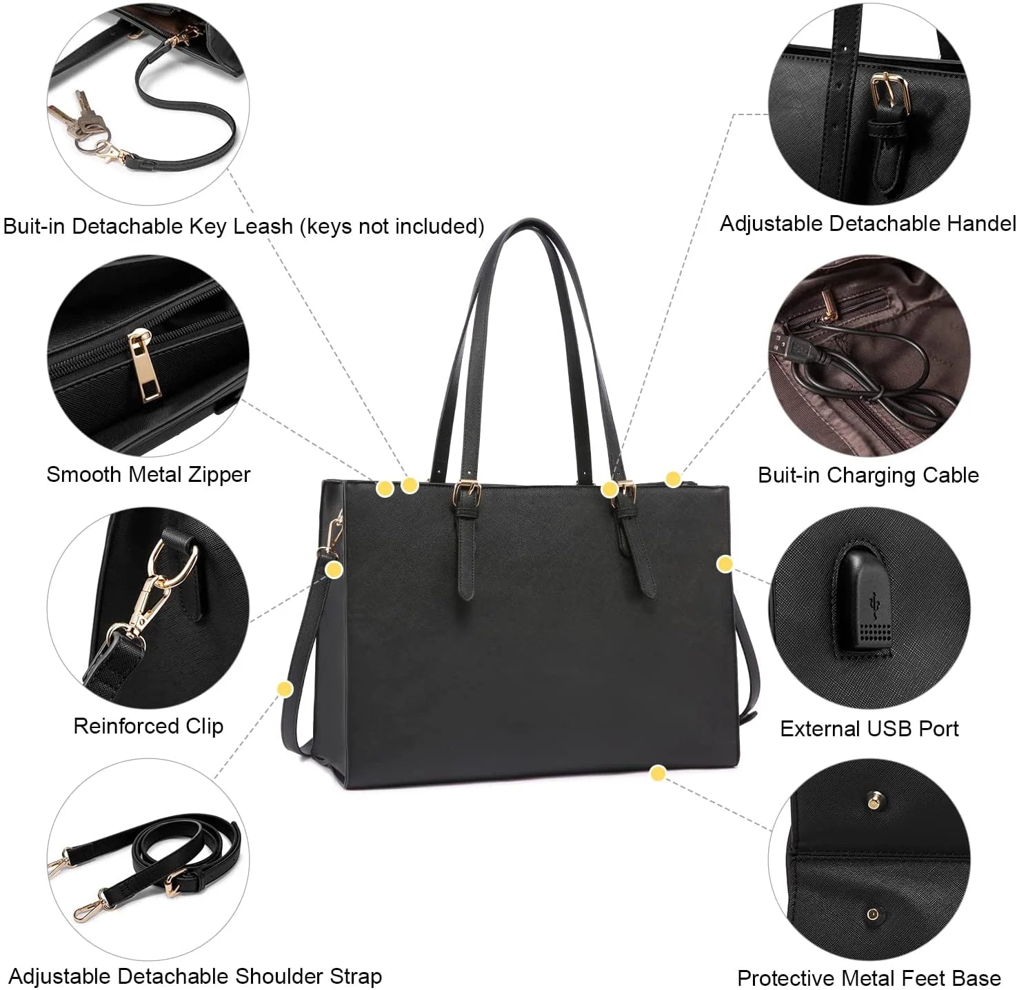 Women Work Tote Bags Fit 15.6" Laptop, PU Leather Shoulder Bag & Satchels Purses Set- Black, Large, USB Charging Port, Waterproof