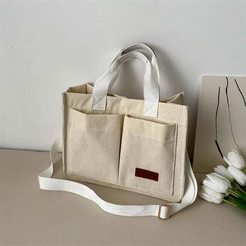 Simple and Casual Solid Color Corduroy Multi Pocket Large Capacity Magnetic Buckle Women'S Handbag Single Shoulder Bag Commuting