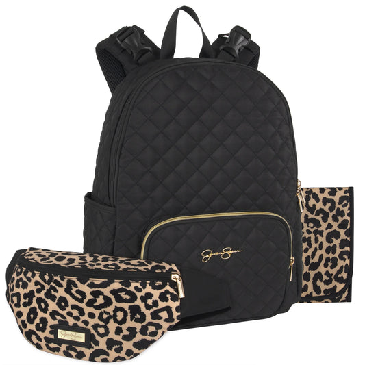 Black Diamond Quilted Multi-Pocket Dual Zipper Closure Fashion Diaper Bag Backpack with Leopard Print Interior, Matching 3-Ply Folding Baby Changing Pad & Belted Sling Bag for Mom