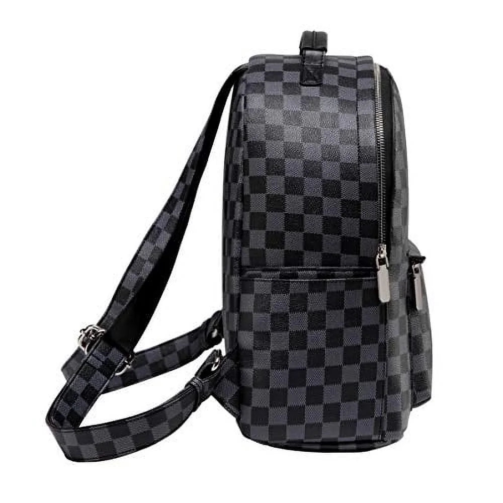 Checkered Backpack Bag - Luxury PU Vegan Leather (Black)