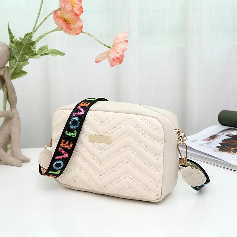 Embroidered Camera Bag PU Material Casual Small Square Bag Versatile Single Shoulder Bag Printed Shoulder Strap