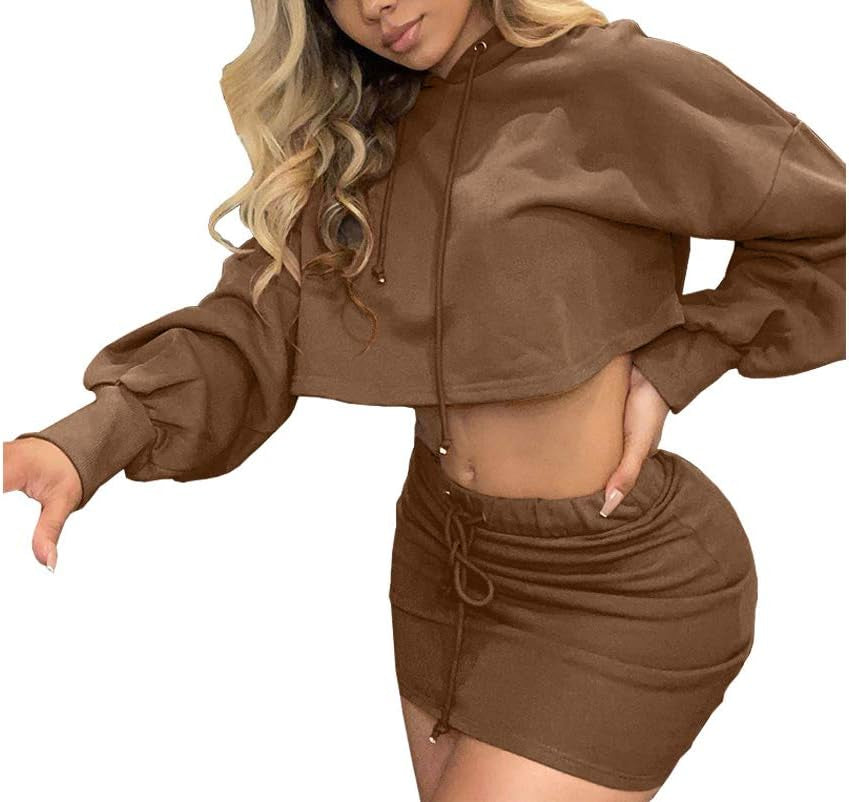 Women Sweatshirt 2 Piece Outfits Mini Dress Hoodie Tunic Long Sleeve Crop Top Skirt Set Coffee XL