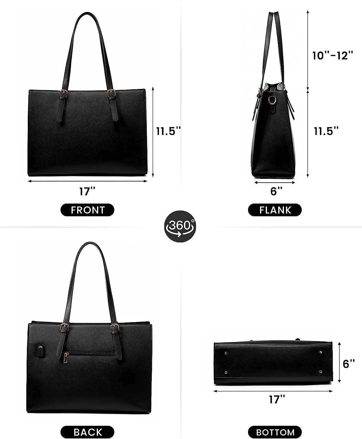 Women Work Tote Bags Fit 15.6" Laptop, PU Leather Shoulder Bag & Satchels Purses Set- Black, Large, USB Charging Port, Waterproof