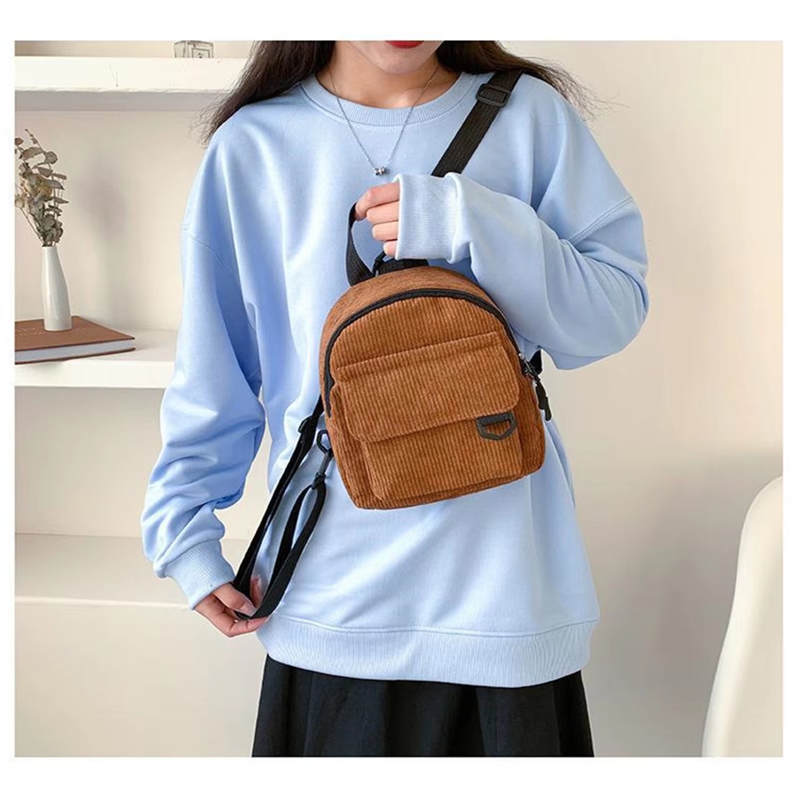 Fashion Women'S Mini Backpack Fashion Solid Color Corduroy Small Simple Casual Traveling Large Capacity Bookbag Female Schoolbag