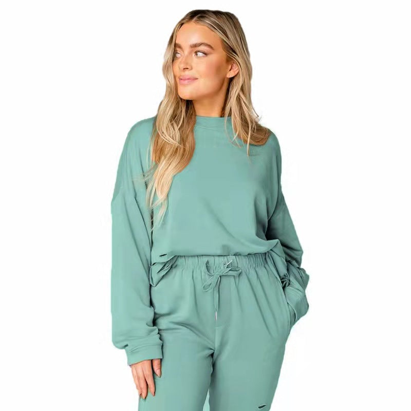 Women'S Solid Color Ripped round Neck Pullover Pants Casual Long Sleeve Sweatshirt Cotton Suit