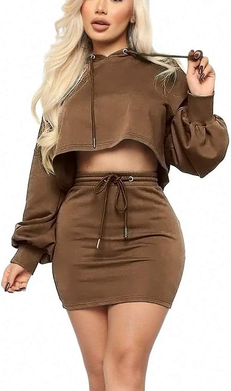 Women Sweatshirt 2 Piece Outfits Mini Dress Hoodie Tunic Long Sleeve Crop Top Skirt Set Coffee XL