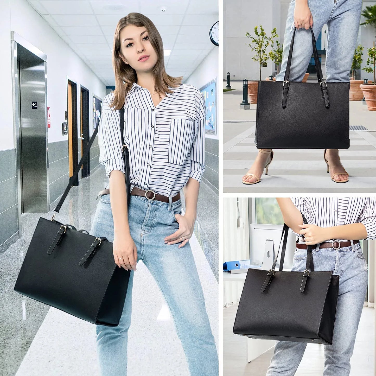 Women Work Tote Bags Fit 15.6" Laptop, PU Leather Shoulder Bag & Satchels Purses Set- Black, Large, USB Charging Port, Waterproof