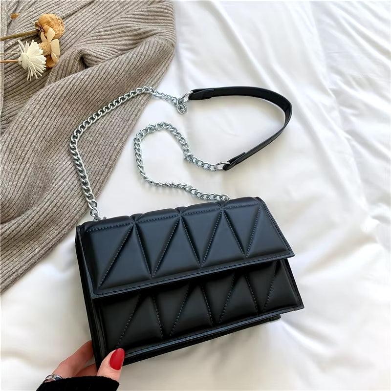 Solid Color Chain Strap Flap Shoulder Bag Ladies Handbags, Embroidery Plaid Crossbody Bags for Women Daily Used