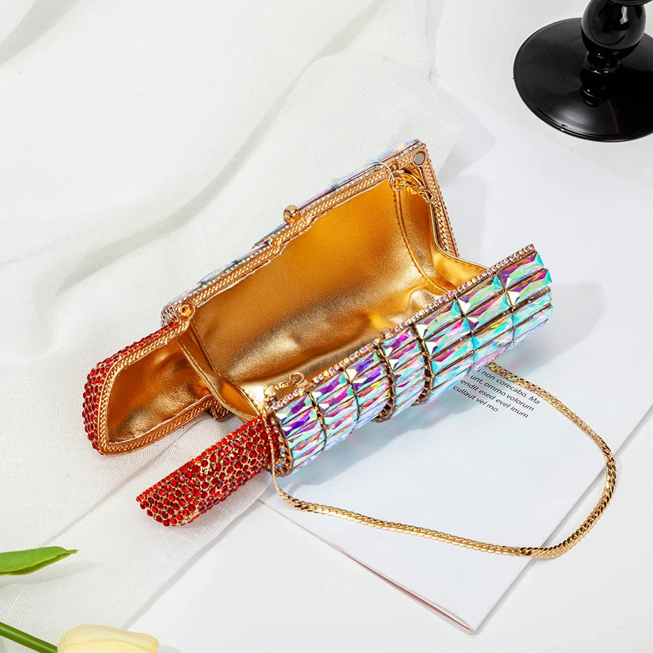 Lipstick Evening Crystal Clutch Bag Women 2021 Luxury Boutique Metal Rhinestone Wedding Purses and Handbags Designer Top Quality