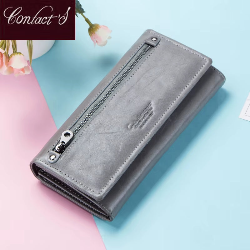 Contact'S Women Genuine Leather Wallets with Coin Pocket Long Wallets Zipper Wallets with Card Holders Femal Purse