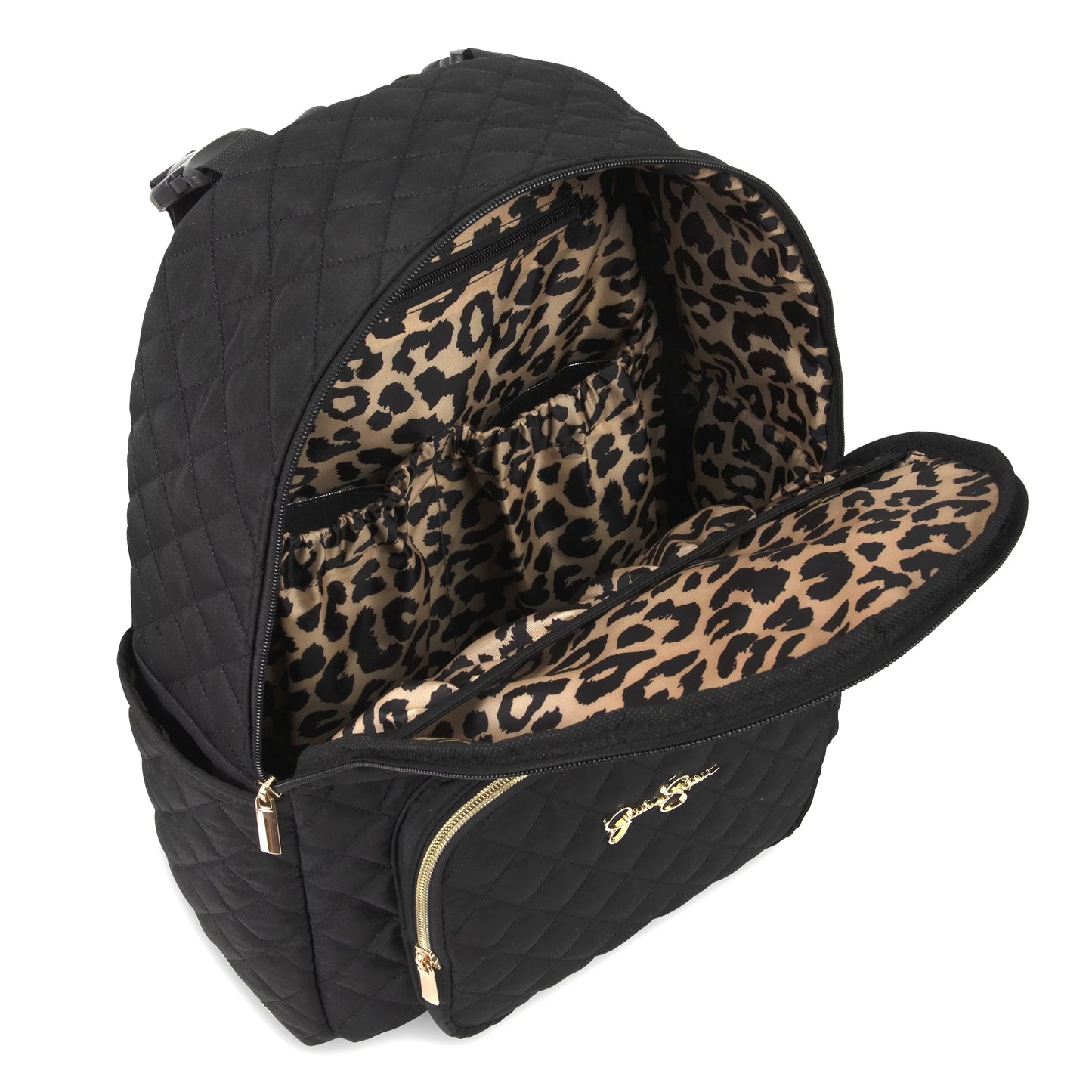 Black Diamond Quilted Multi-Pocket Dual Zipper Closure Fashion Diaper Bag Backpack with Leopard Print Interior, Matching 3-Ply Folding Baby Changing Pad & Belted Sling Bag for Mom