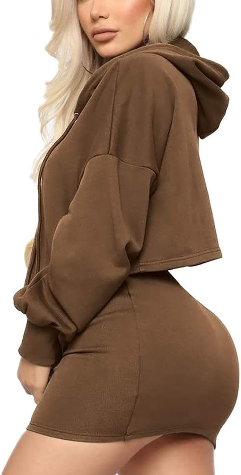 Women Sweatshirt 2 Piece Outfits Mini Dress Hoodie Tunic Long Sleeve Crop Top Skirt Set Coffee XL