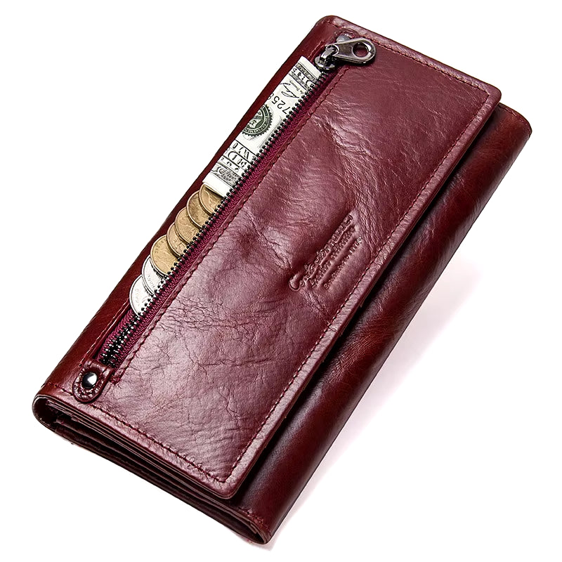 Contact'S Women Genuine Leather Wallets with Coin Pocket Long Wallets Zipper Wallets with Card Holders Femal Purse