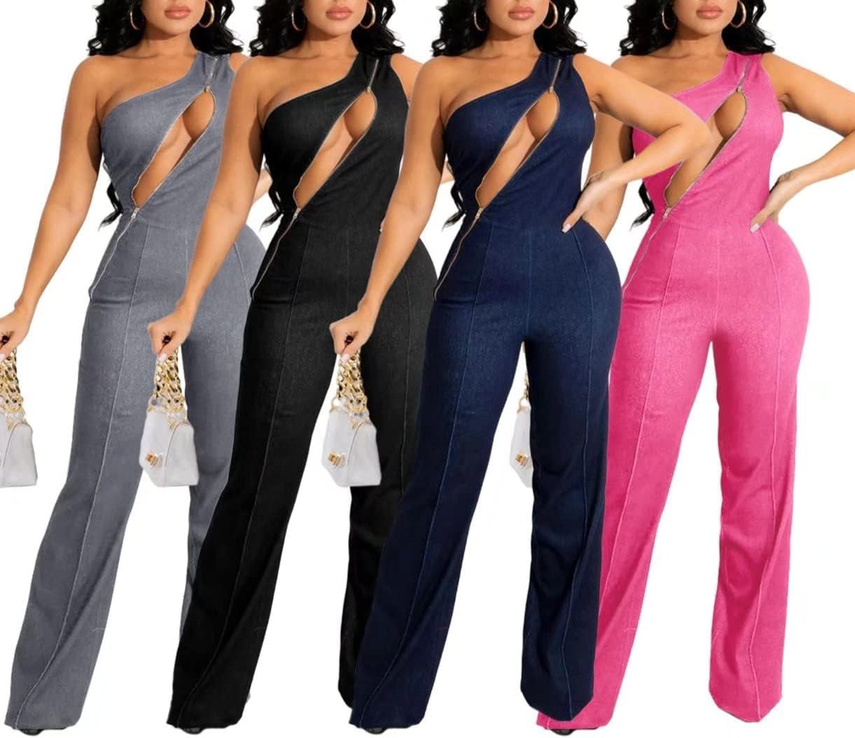 Women'S Summer Sexy Sleeveless One Piece Outfit Hollow Out Zipper One Shouler Jumpsuit Romper Grey XL