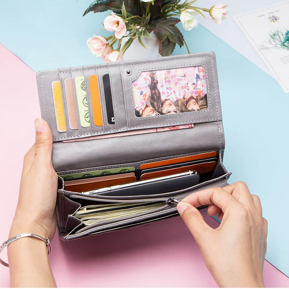 Contact'S Women Genuine Leather Wallets with Coin Pocket Long Wallets Zipper Wallets with Card Holders Femal Purse