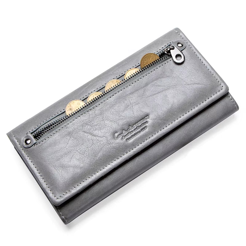 Contact'S Women Genuine Leather Wallets with Coin Pocket Long Wallets Zipper Wallets with Card Holders Femal Purse