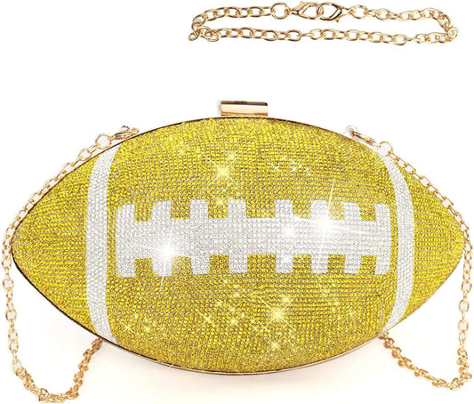 Football Bling Purse Rhinestone Clutch Purses for Women Crystal Ball Purse Rugby Ball Shaped Bag with Shoulder Chain