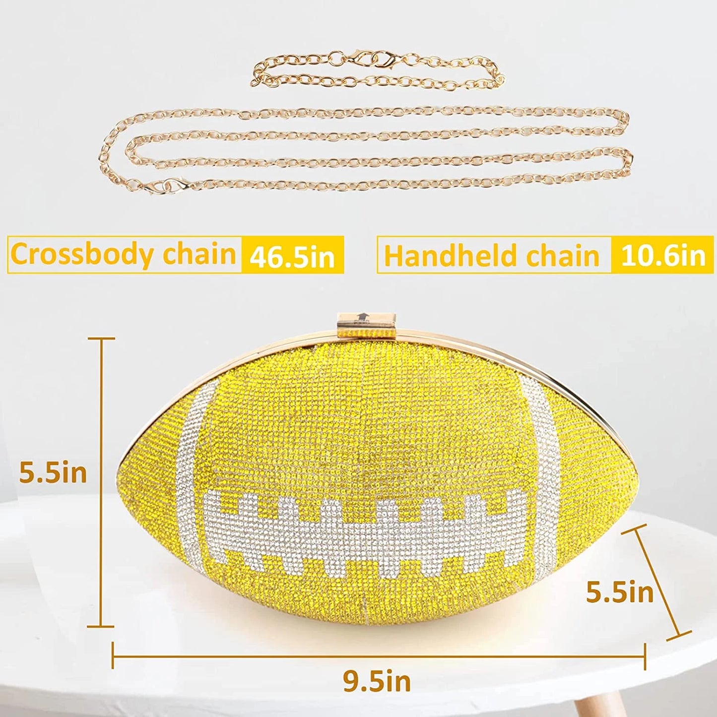 Football Bling Purse Rhinestone Clutch Purses for Women Crystal Ball Purse Rugby Ball Shaped Bag with Shoulder Chain