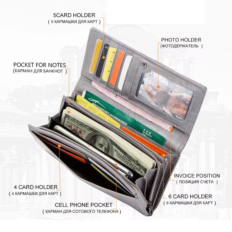 Contact'S Women Genuine Leather Wallets with Coin Pocket Long Wallets Zipper Wallets with Card Holders Femal Purse