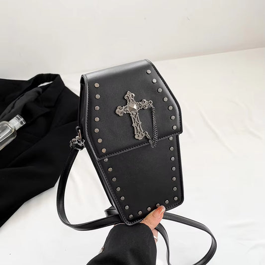 Gothic Crossbody Bag for Women Coffin Shoulder Bag Purse Cartoon Y2K Messenger Cellphone Bag PU Leather Halloween Gift Phone Bag