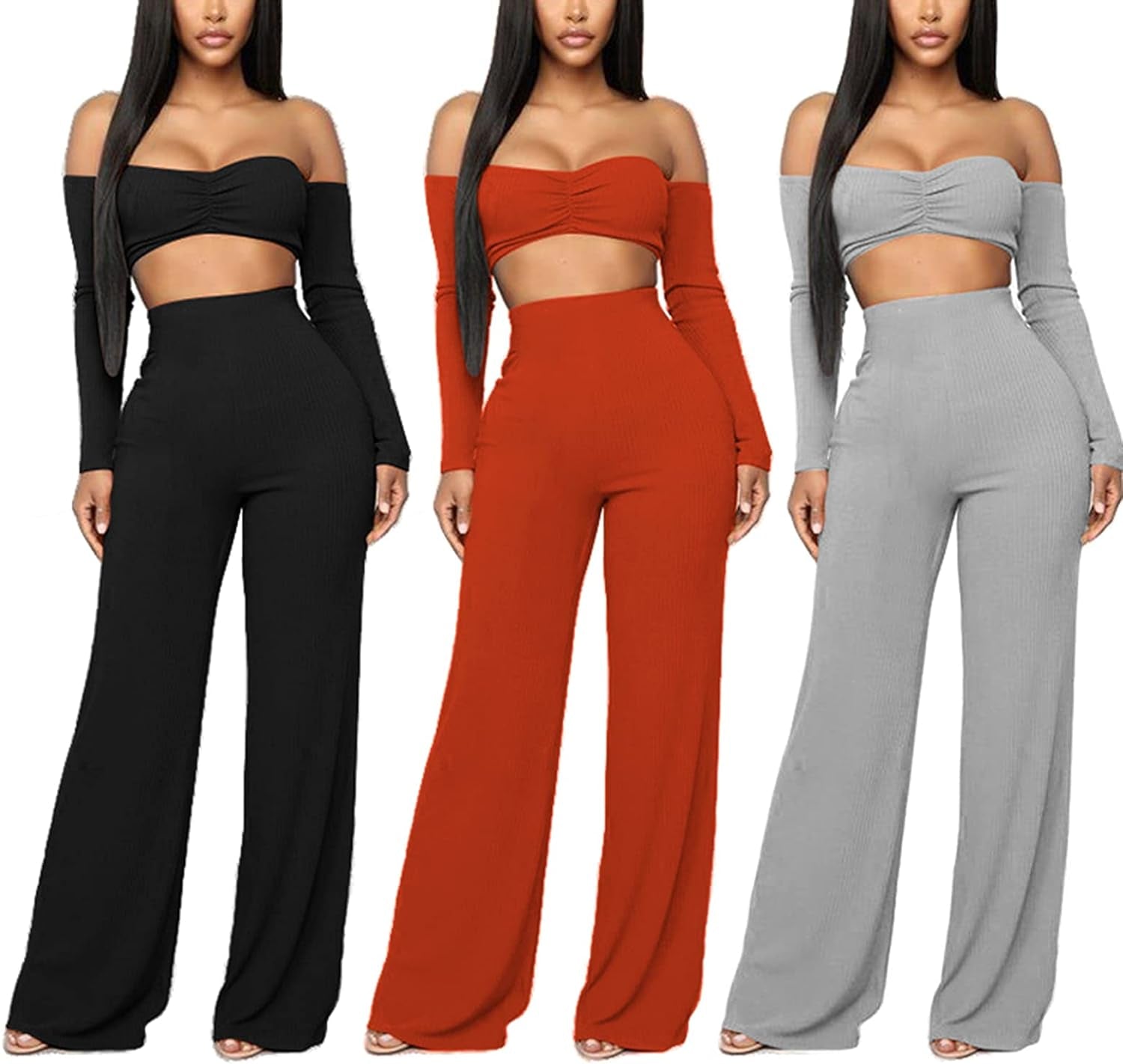 Women'S Sexy 2 Piece Outfits Clubwear off the Shoulder Crop Tops Long Loose Pant Set Long Sleeve Club Jumpsuits Black L