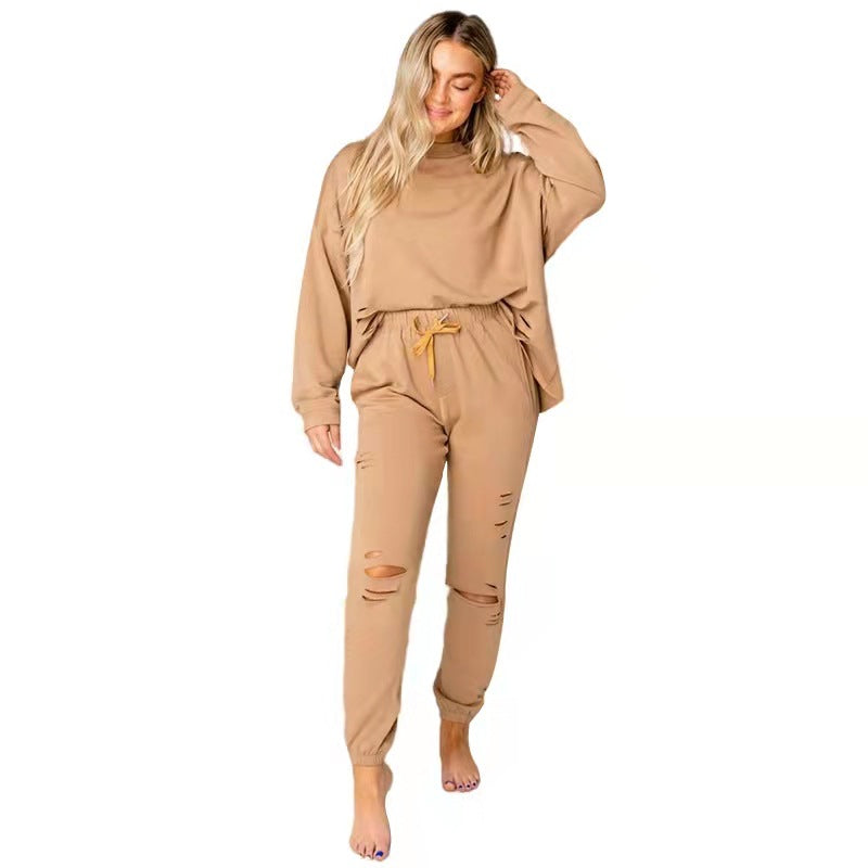 Women'S Solid Color Ripped round Neck Pullover Pants Casual Long Sleeve Sweatshirt Cotton Suit