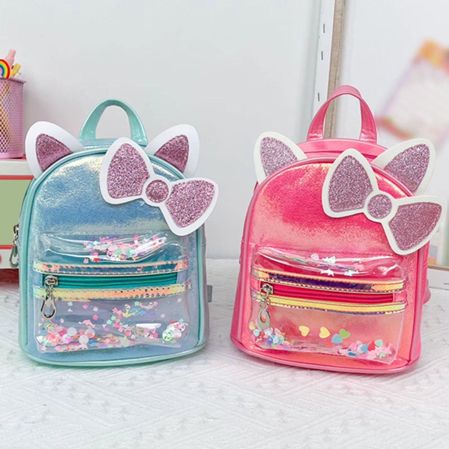 Cartoon Bowknot Mini Backpack for Children Women Solid Color PU Leather School Bags for Boys and Girls Zipper Travel Backpacks