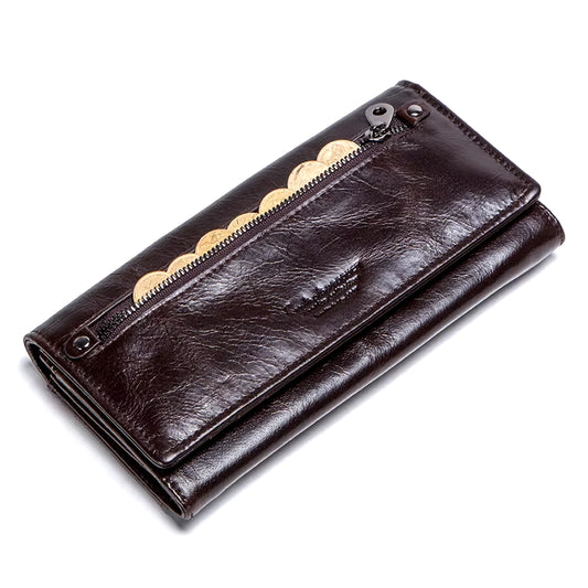 Contact'S Women Genuine Leather Wallets with Coin Pocket Long Wallets Zipper Wallets with Card Holders Femal Purse