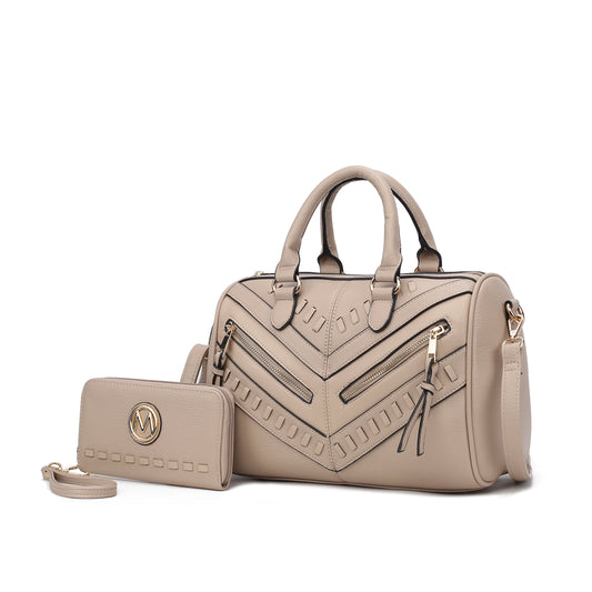 Lara Vegan Leather Women'S Satchel Bag, Elegant Designer Handbag & Wristlet Wallet 2 Pcs - Taupe