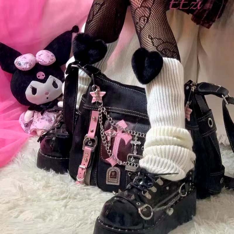 Hello Kitty Sanrio Gothic Punk Vintage Pink Cross Chains Crossbody Bags for Women Toys Hot Girl Handbag Y2K Trend Tote Bag