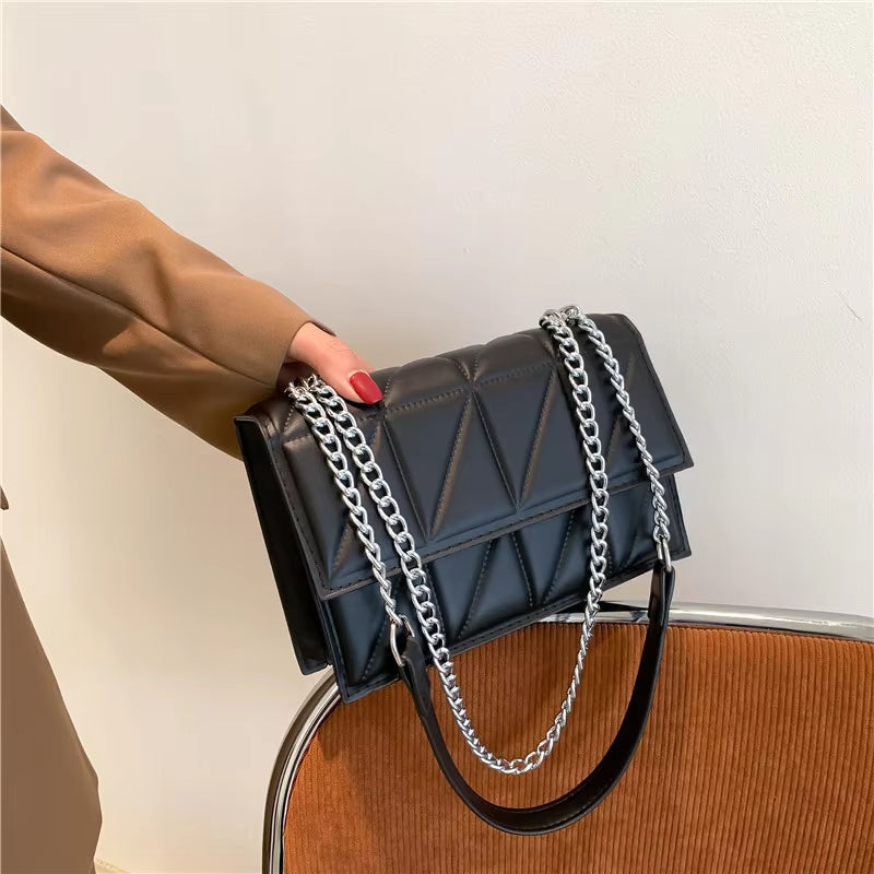 Solid Color Chain Strap Flap Shoulder Bag Ladies Handbags, Embroidery Plaid Crossbody Bags for Women Daily Used