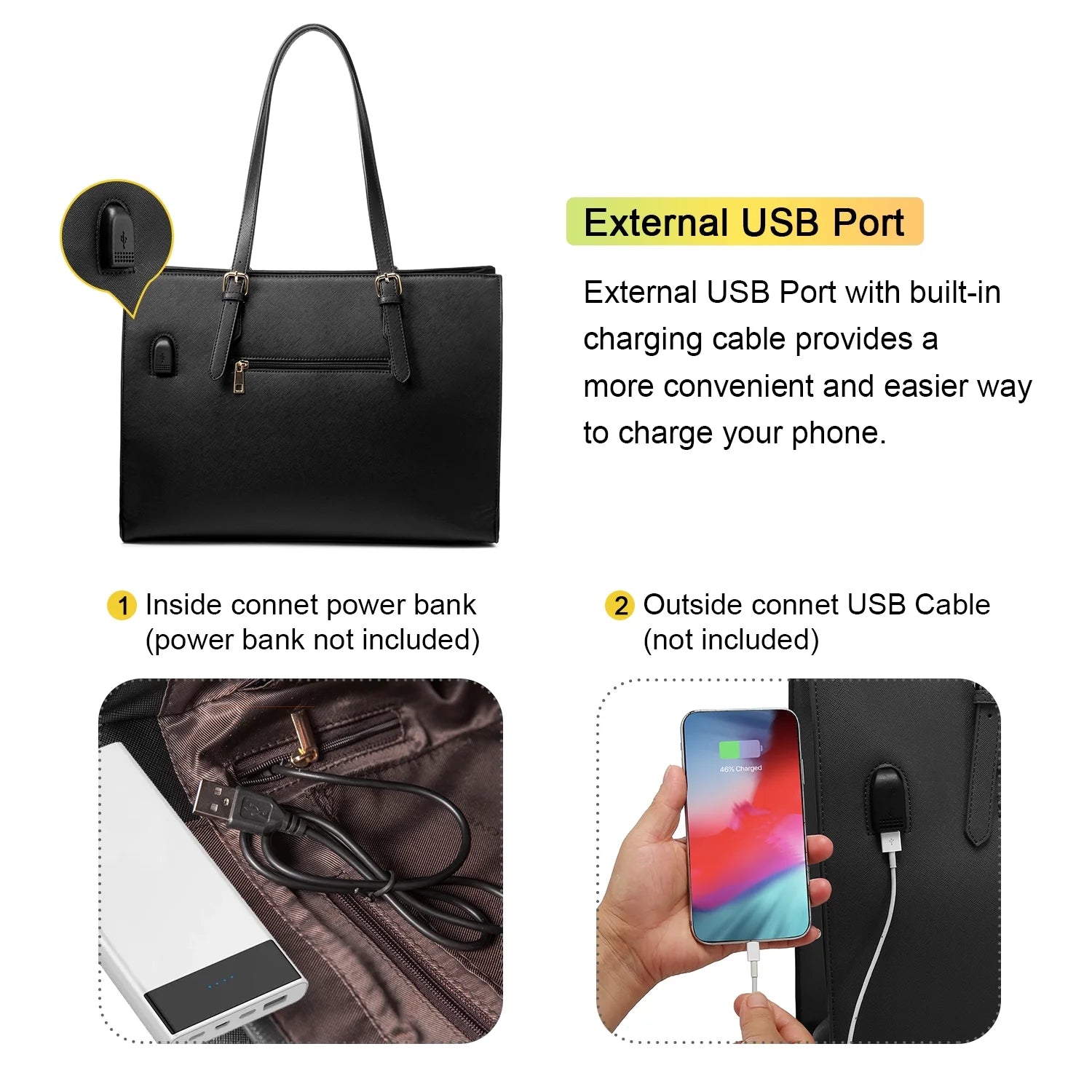 Women Work Tote Bags Fit 15.6" Laptop, PU Leather Shoulder Bag & Satchels Purses Set- Black, Large, USB Charging Port, Waterproof