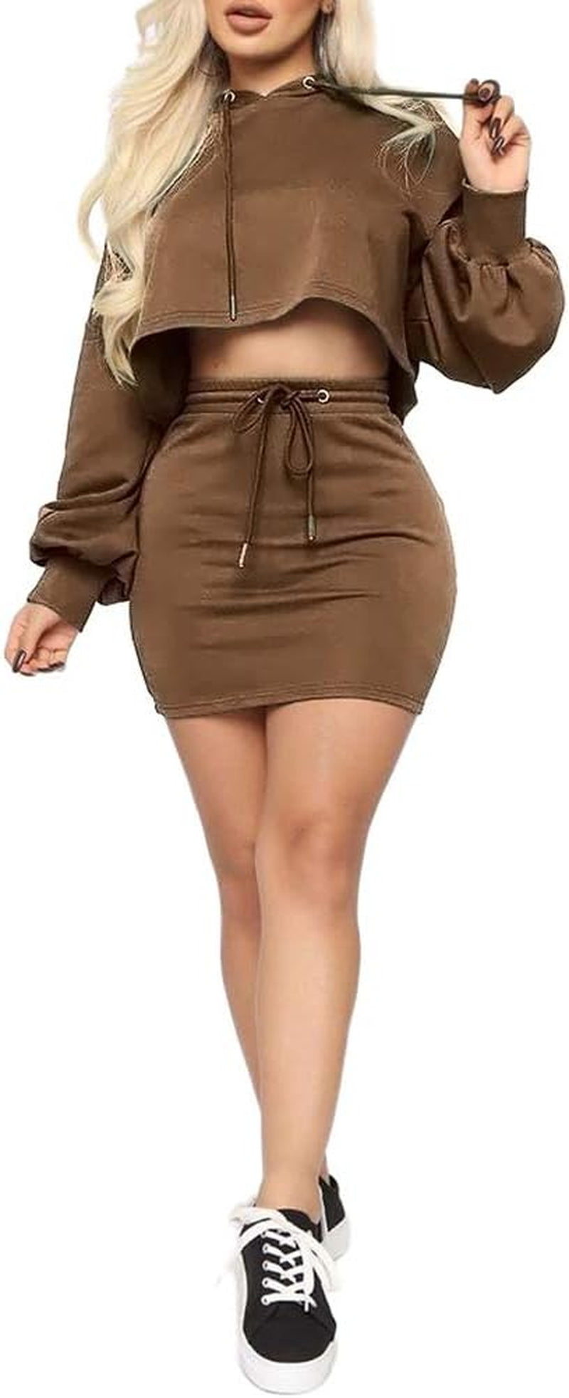 Women Sweatshirt 2 Piece Outfits Mini Dress Hoodie Tunic Long Sleeve Crop Top Skirt Set Coffee XL