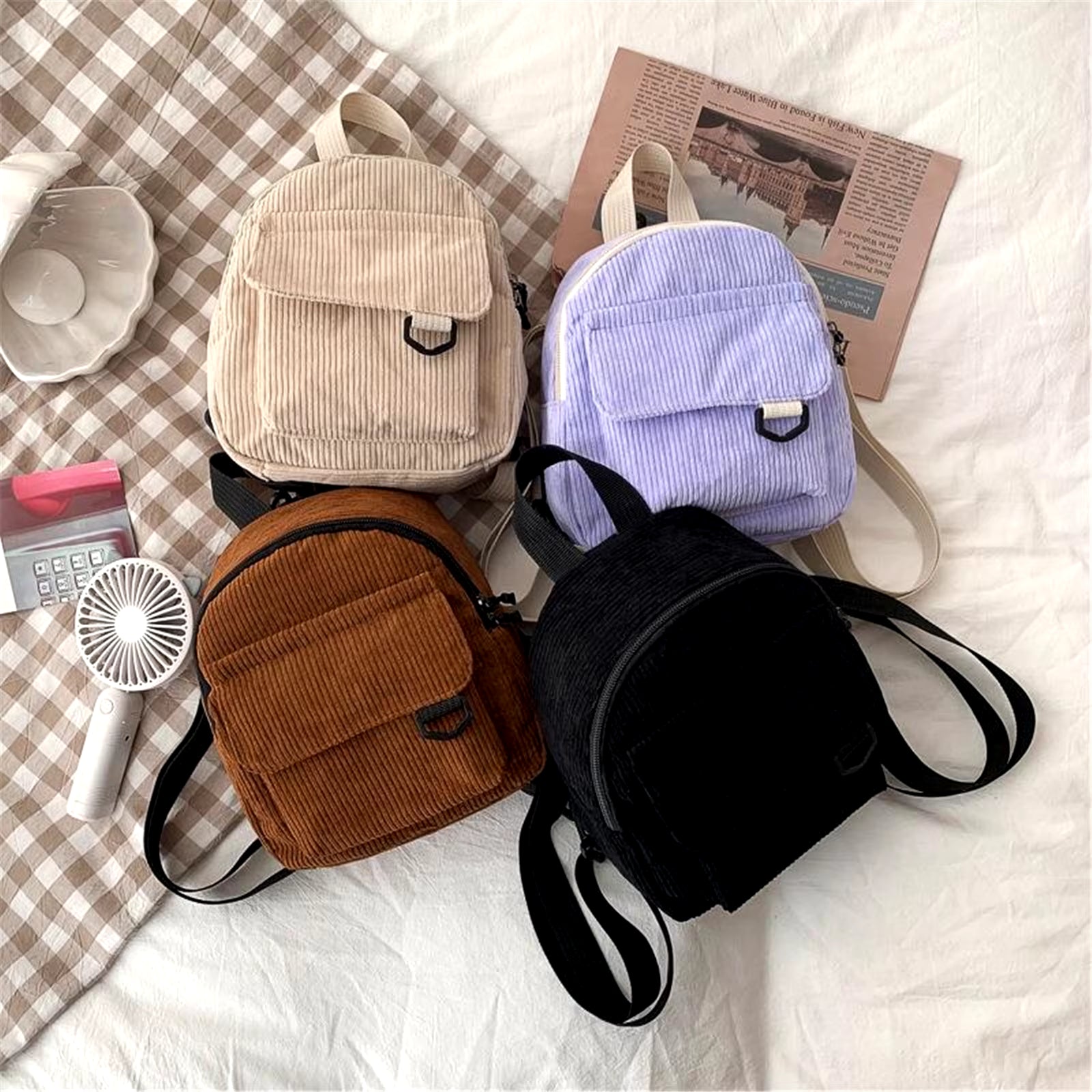 Fashion Women'S Mini Backpack Fashion Solid Color Corduroy Small Simple Casual Traveling Large Capacity Bookbag Female Schoolbag