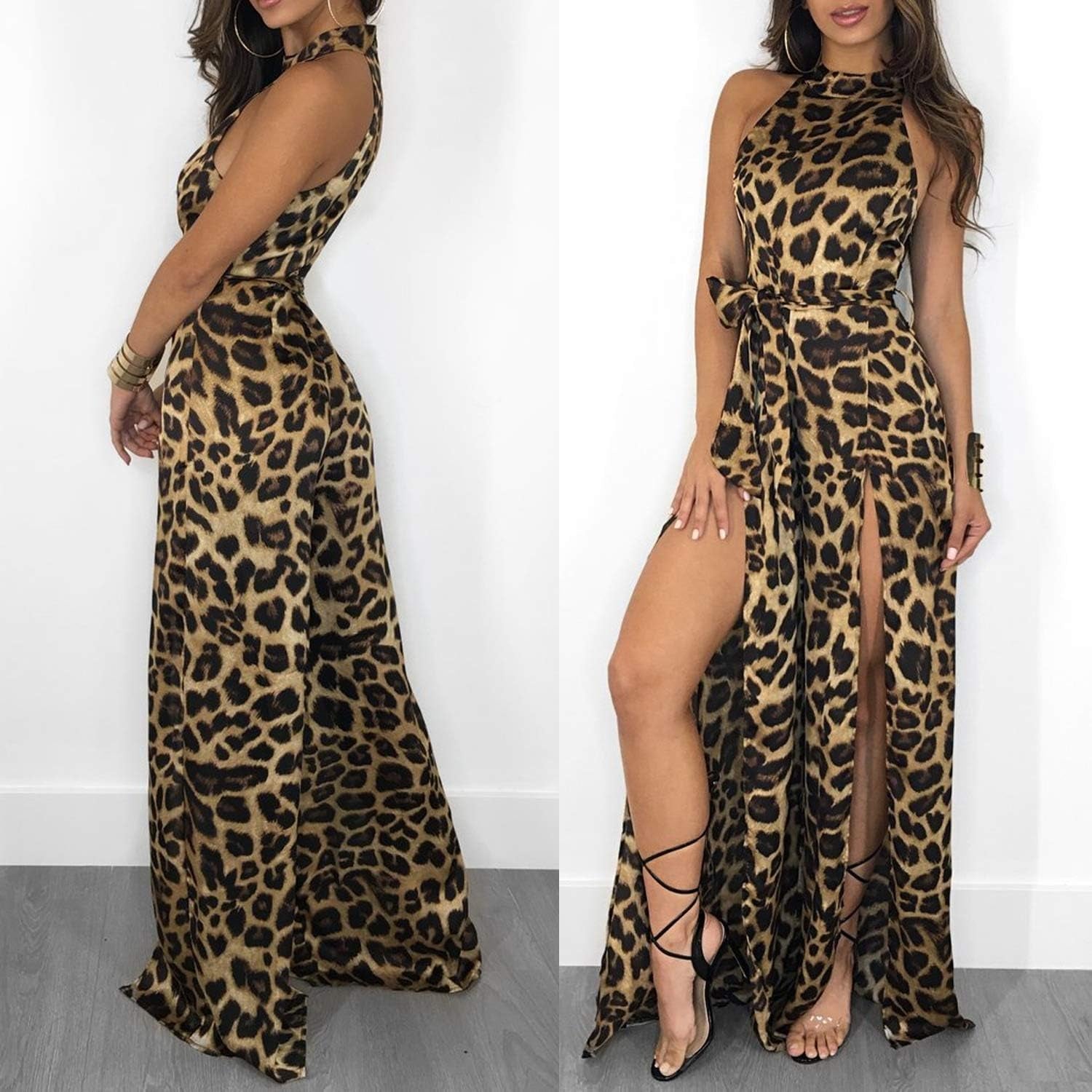 Women Sexy Mock Neck Sleeveless Leopard Print Split Jumpsuit Rompers Clubwear