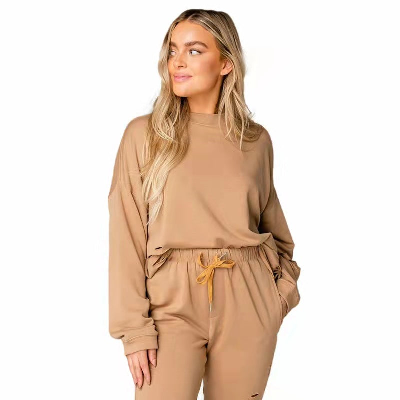 Women'S Solid Color Ripped round Neck Pullover Pants Casual Long Sleeve Sweatshirt Cotton Suit