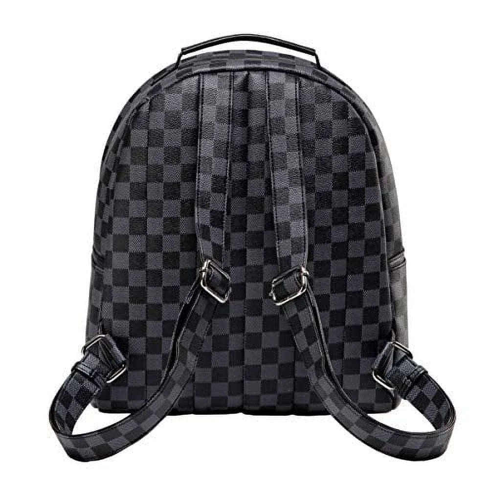 Checkered Backpack Bag - Luxury PU Vegan Leather (Black)