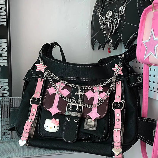 Hello Kitty Sanrio Gothic Punk Vintage Pink Cross Chains Crossbody Bags for Women Toys Hot Girl Handbag Y2K Trend Tote Bag